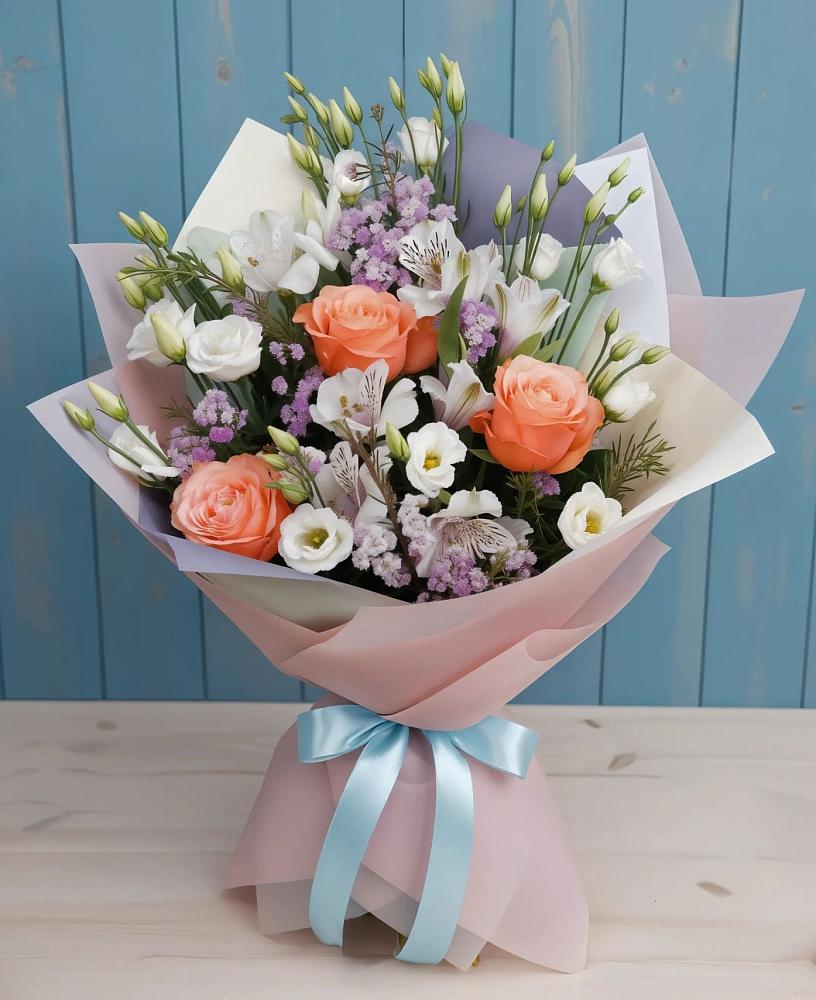 Букет цветов из: Лизиантусы, Розы, Альстромерии и Гипсофила в Зеленокумске