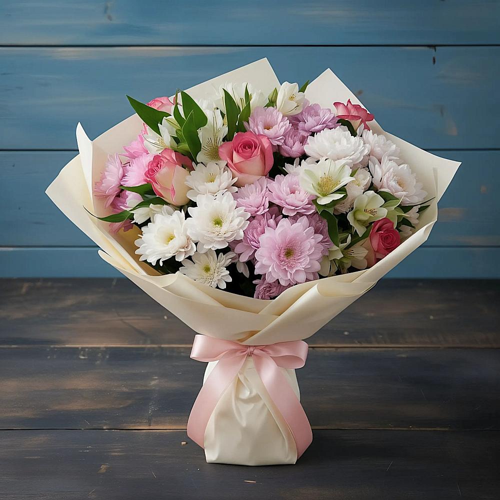 Букет цветов из: Хризантемы, Альстромерии и Розы в Зеленокумске